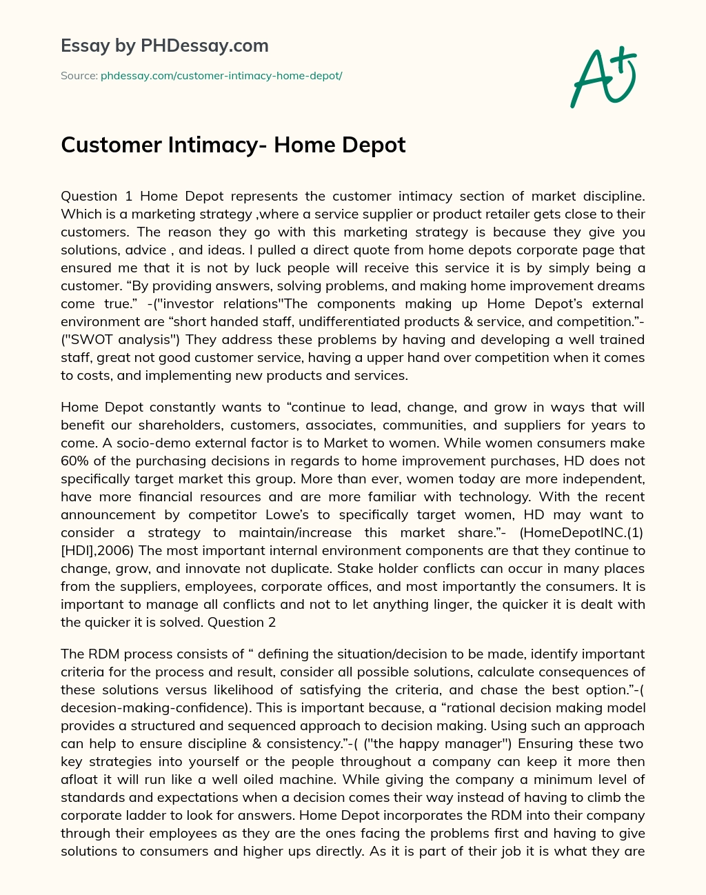 Customer Intimacy- Home Depot essay