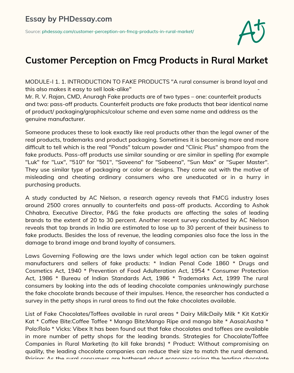 Customer Perception on FMCG Products in Rural Market essay