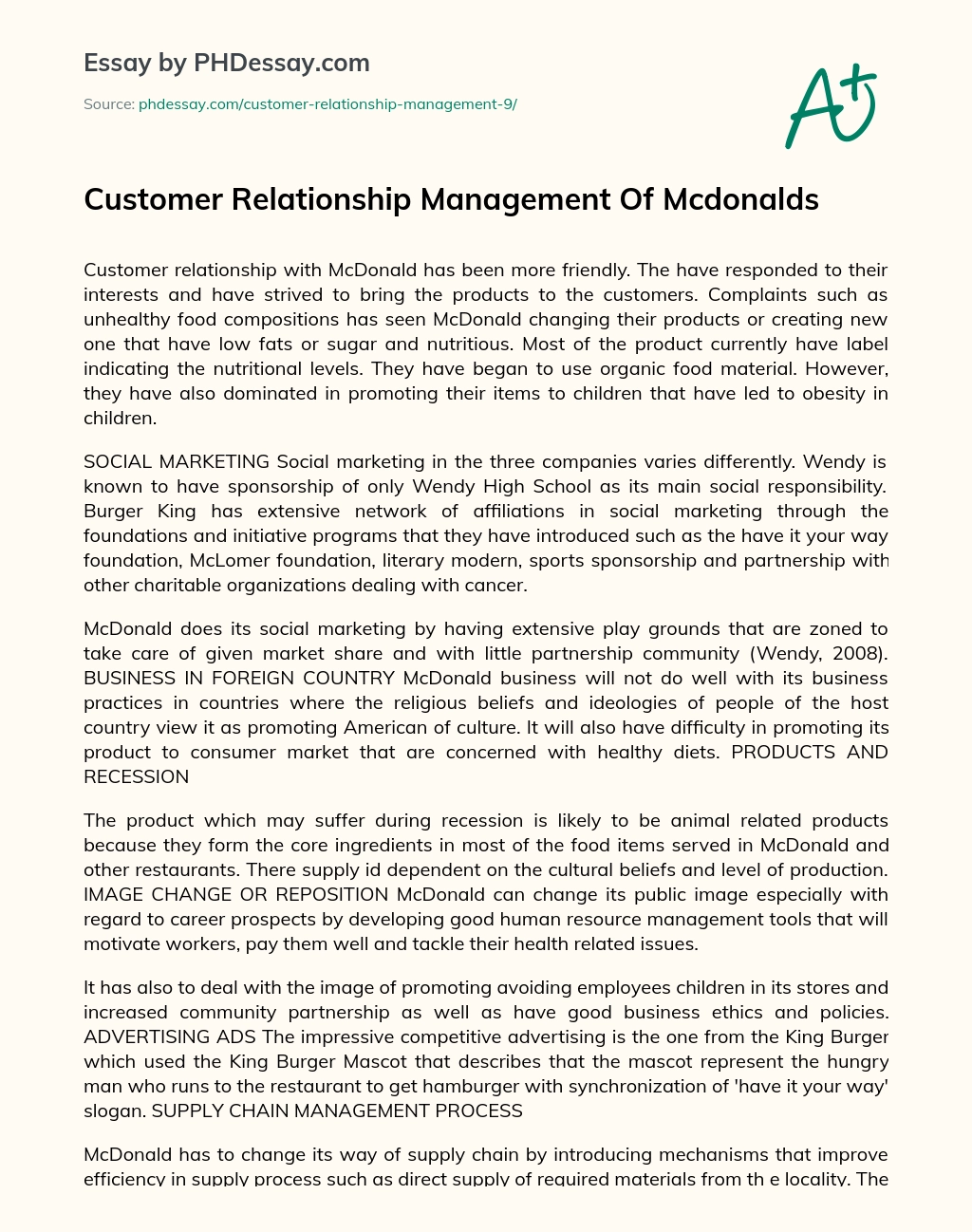 Customer Relationship Management Of Mcdonalds essay