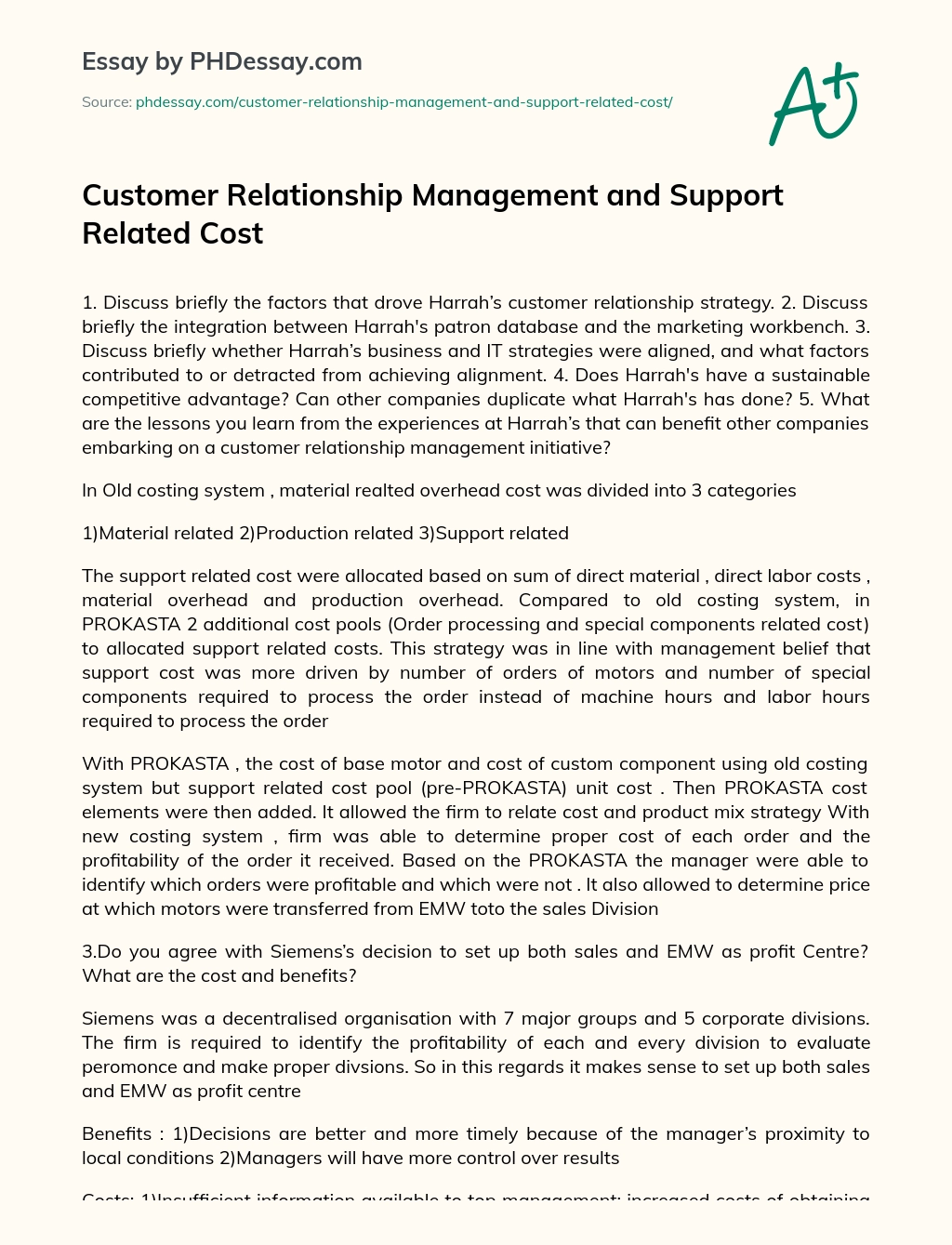 Customer Relationship Management and Support Related Cost essay