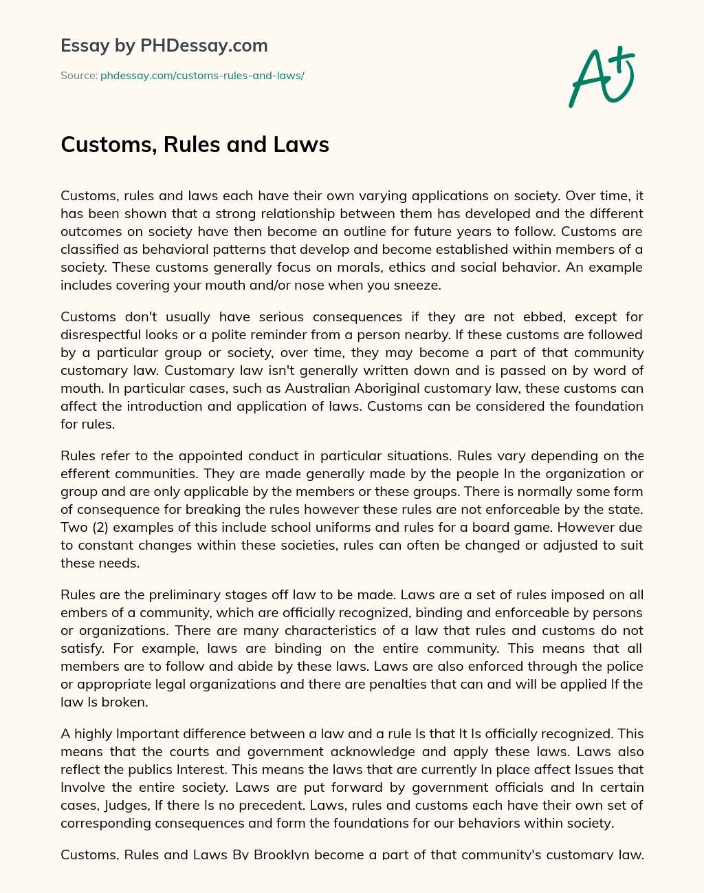 Customs, Rules and Laws essay
