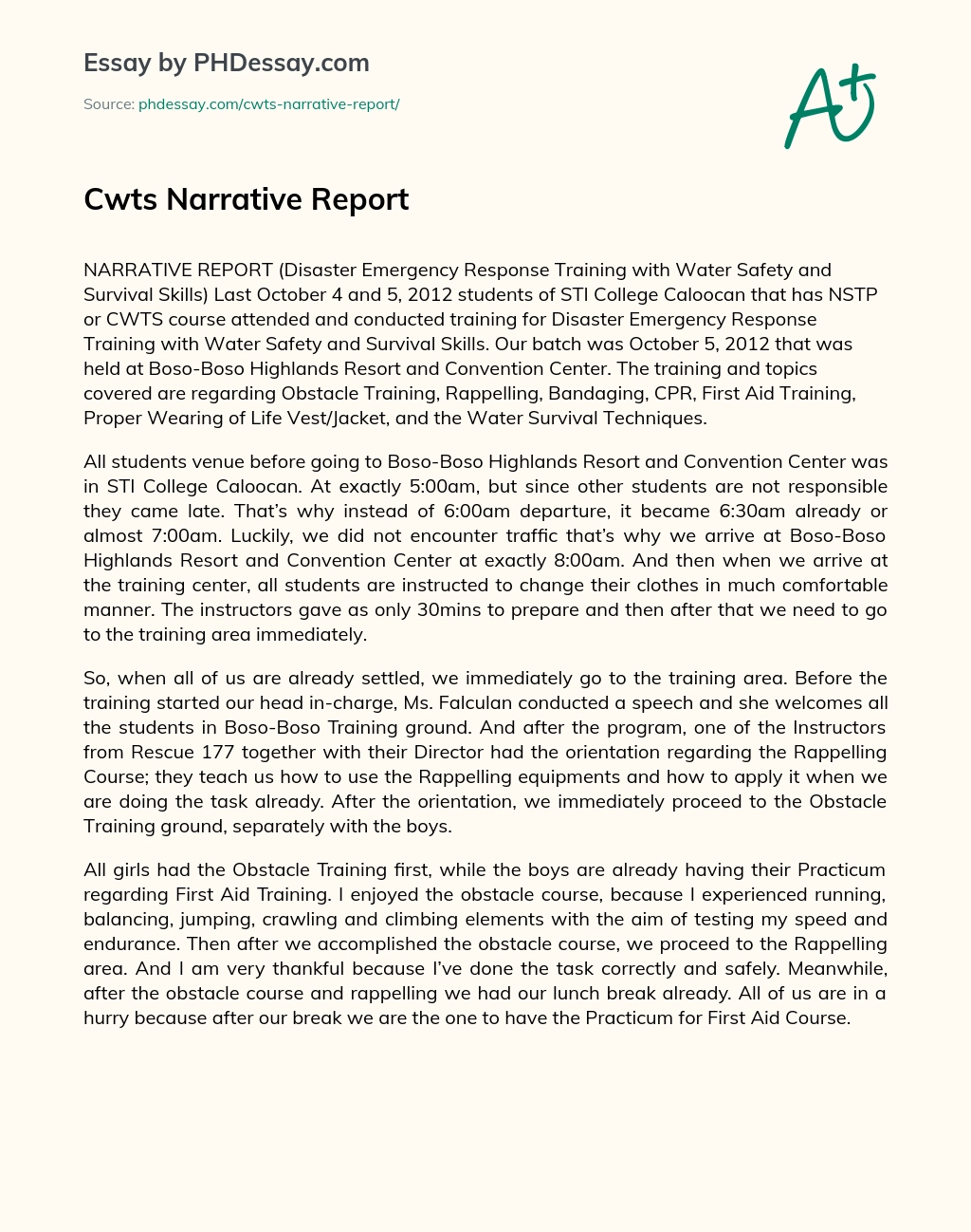 Cwts Narrative Report essay