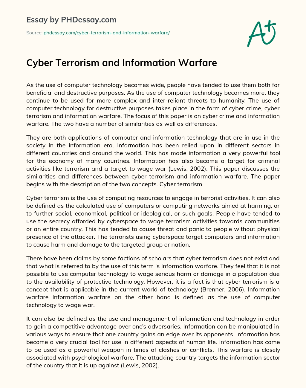 Cyber Terrorism and Information Warfare essay