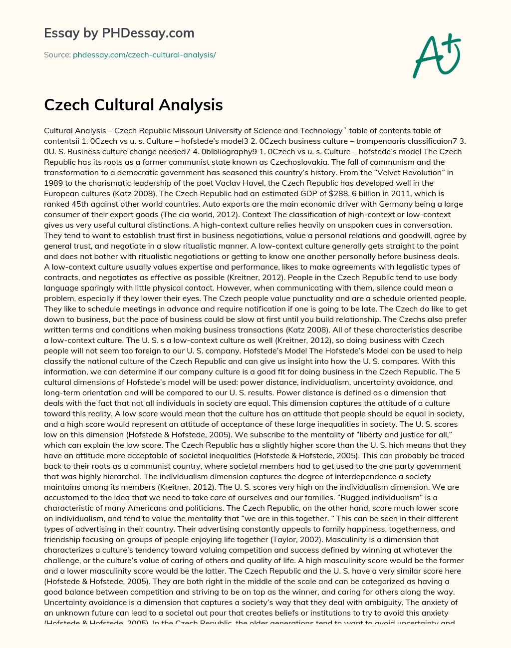 Czech Cultural Analysis essay