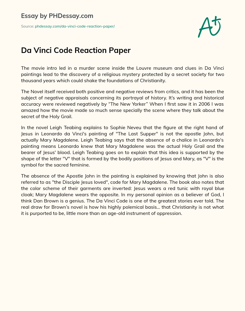 Da Vinci Code Reaction Paper essay