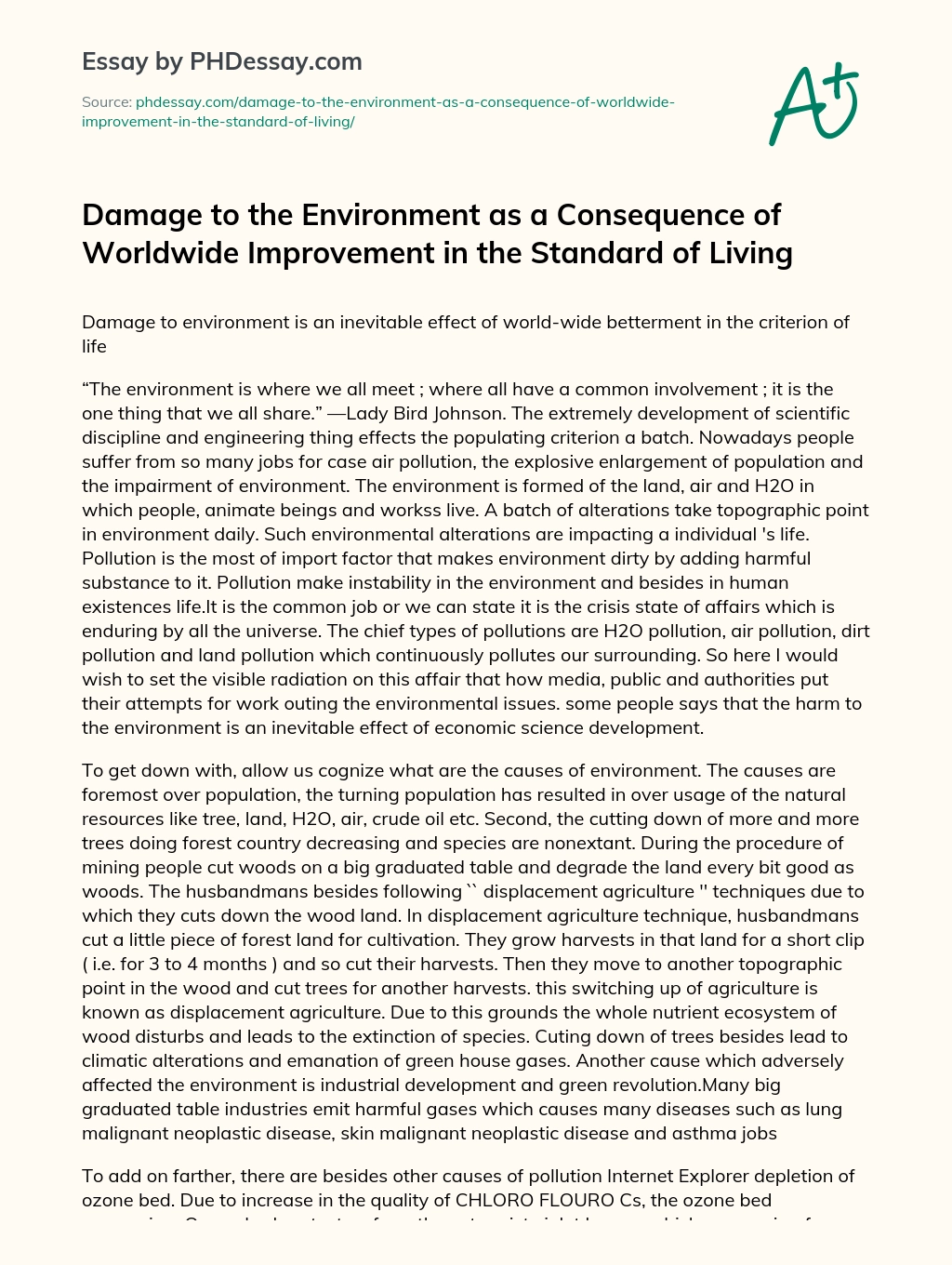 Damage to the Environment as a Consequence of Worldwide Improvement in the Standard of Living essay