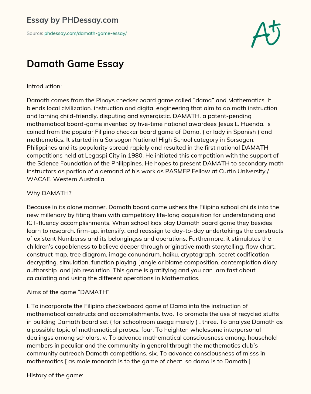 Damath Game Essay essay