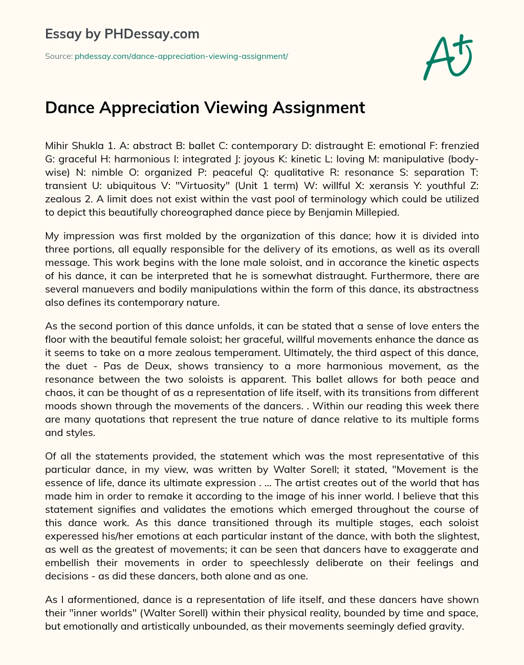 Dance Appreciation Viewing Assignment essay