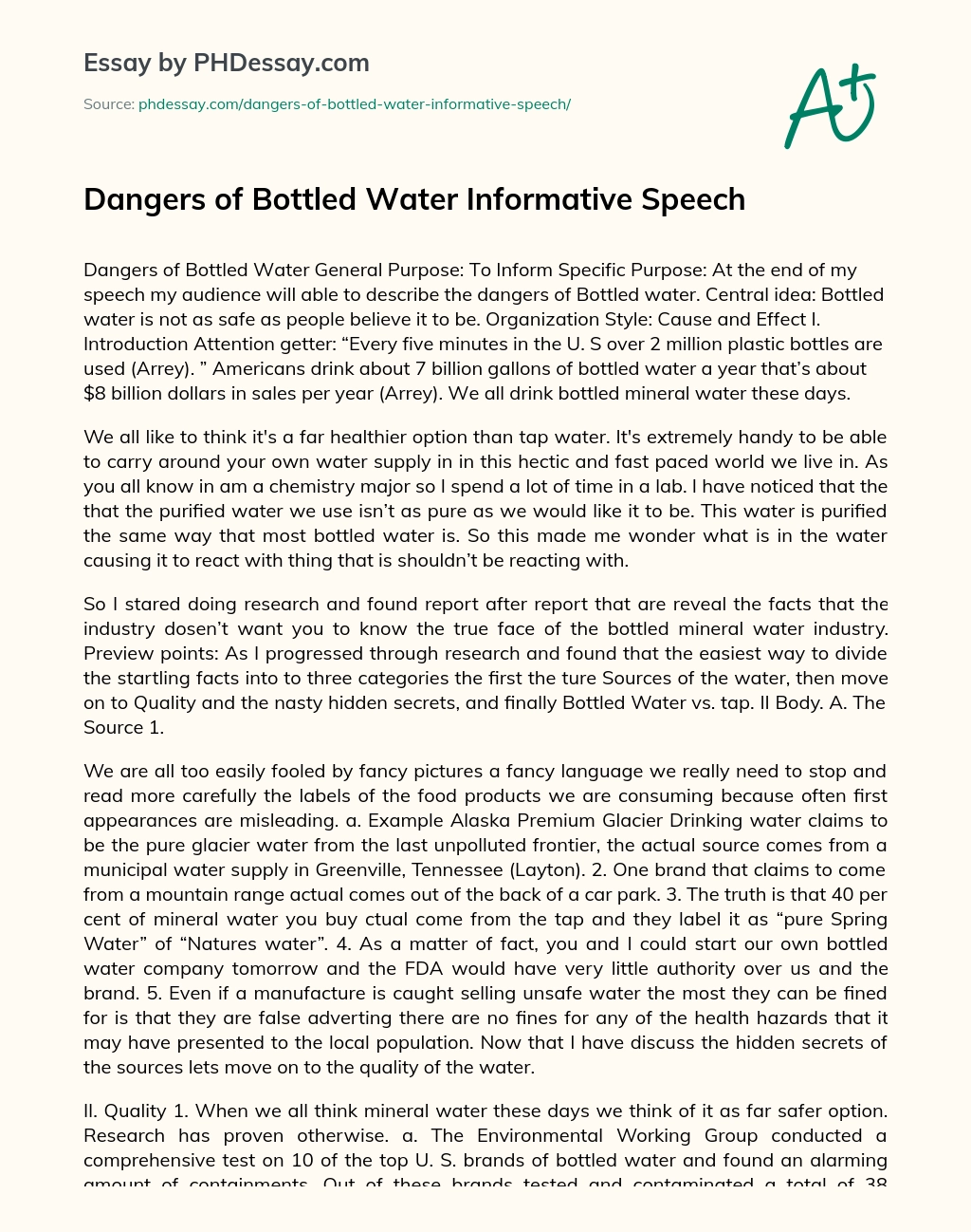 Dangers of Bottled Water Informative Speech essay