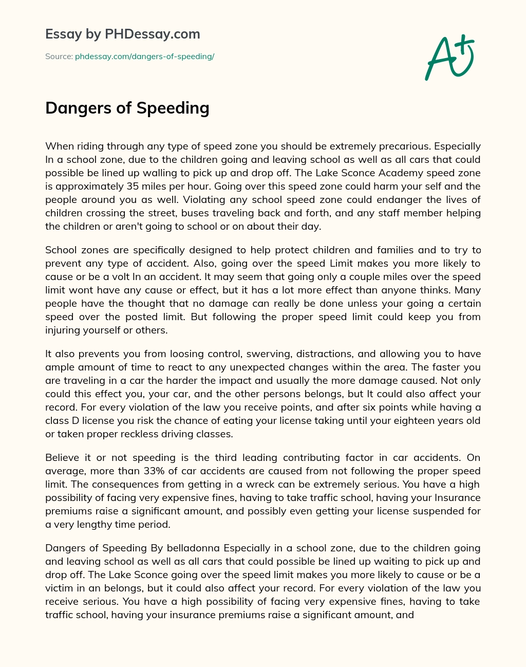 Dangers of Speeding essay