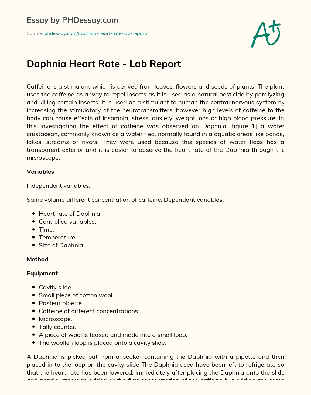 Daphnia Heart Rate – Lab Report essay