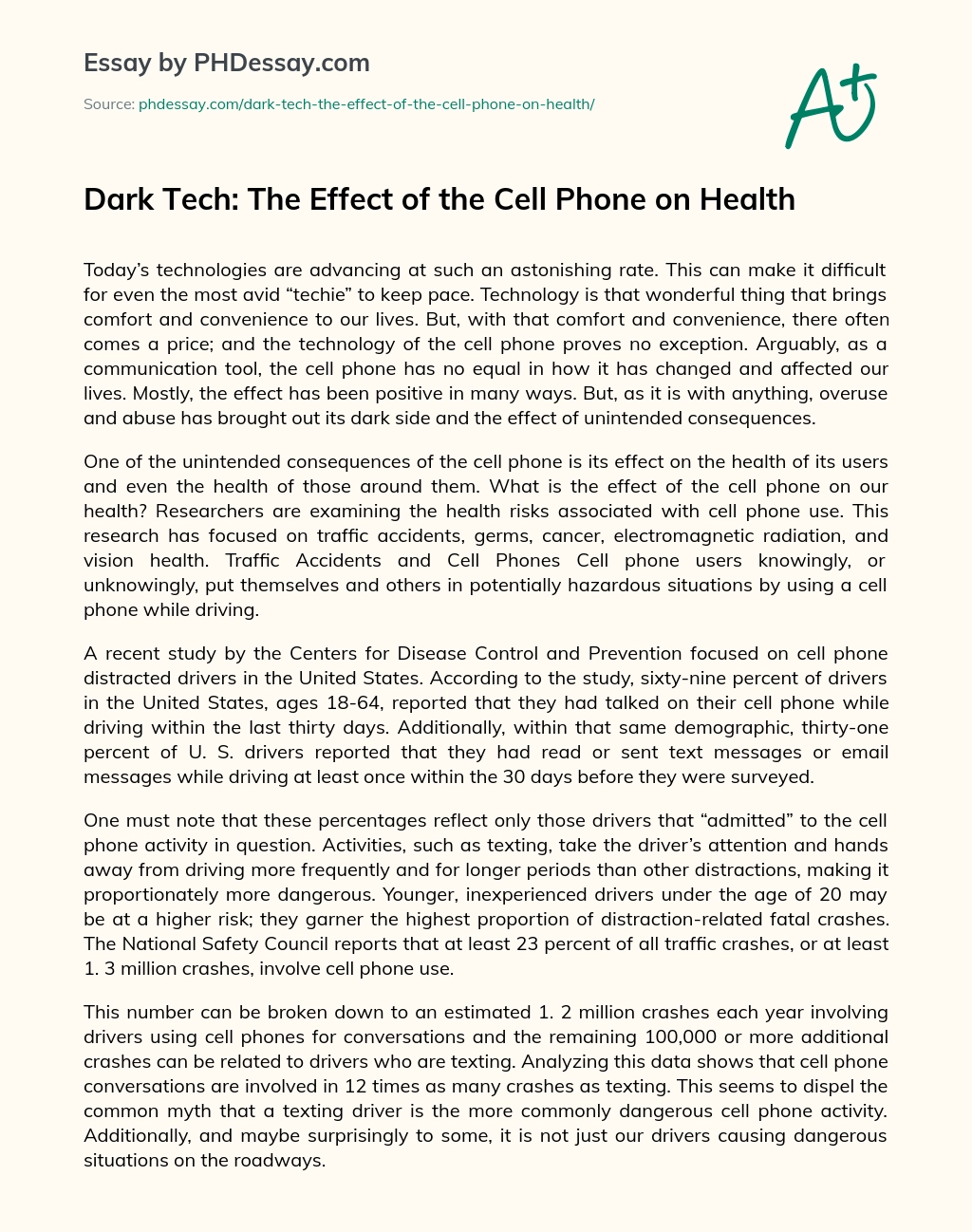 Dark Tech: The Effect of the Cell Phone on Health essay