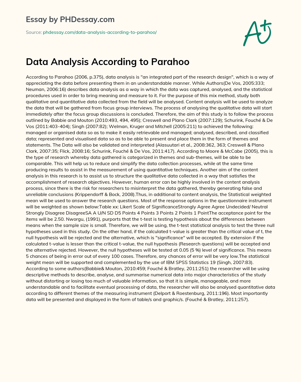Data Analysis According to Parahoo essay