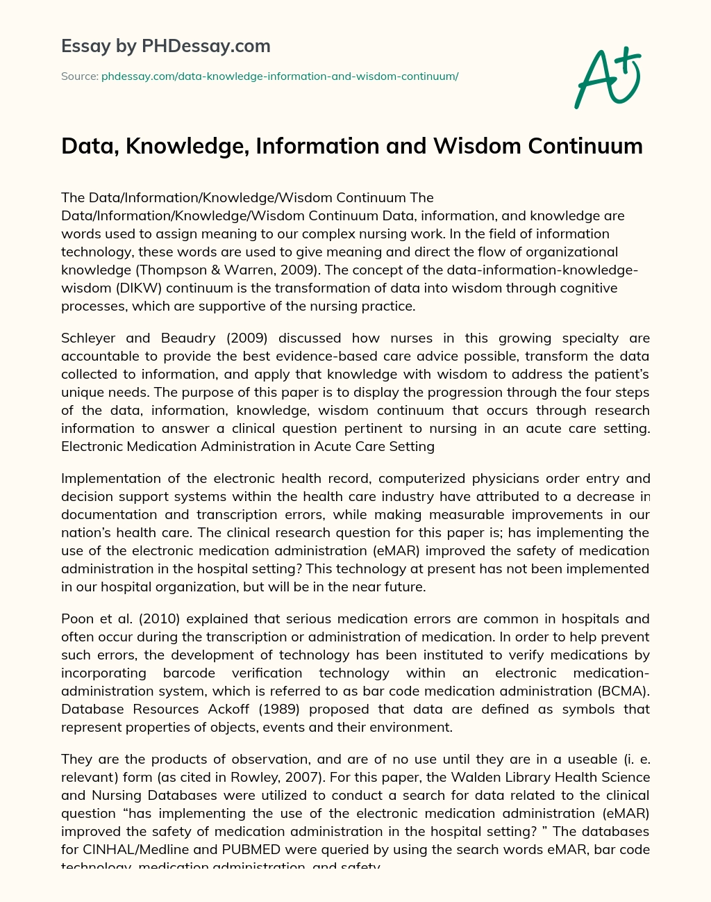 Data, Knowledge, Information and Wisdom Continuum essay