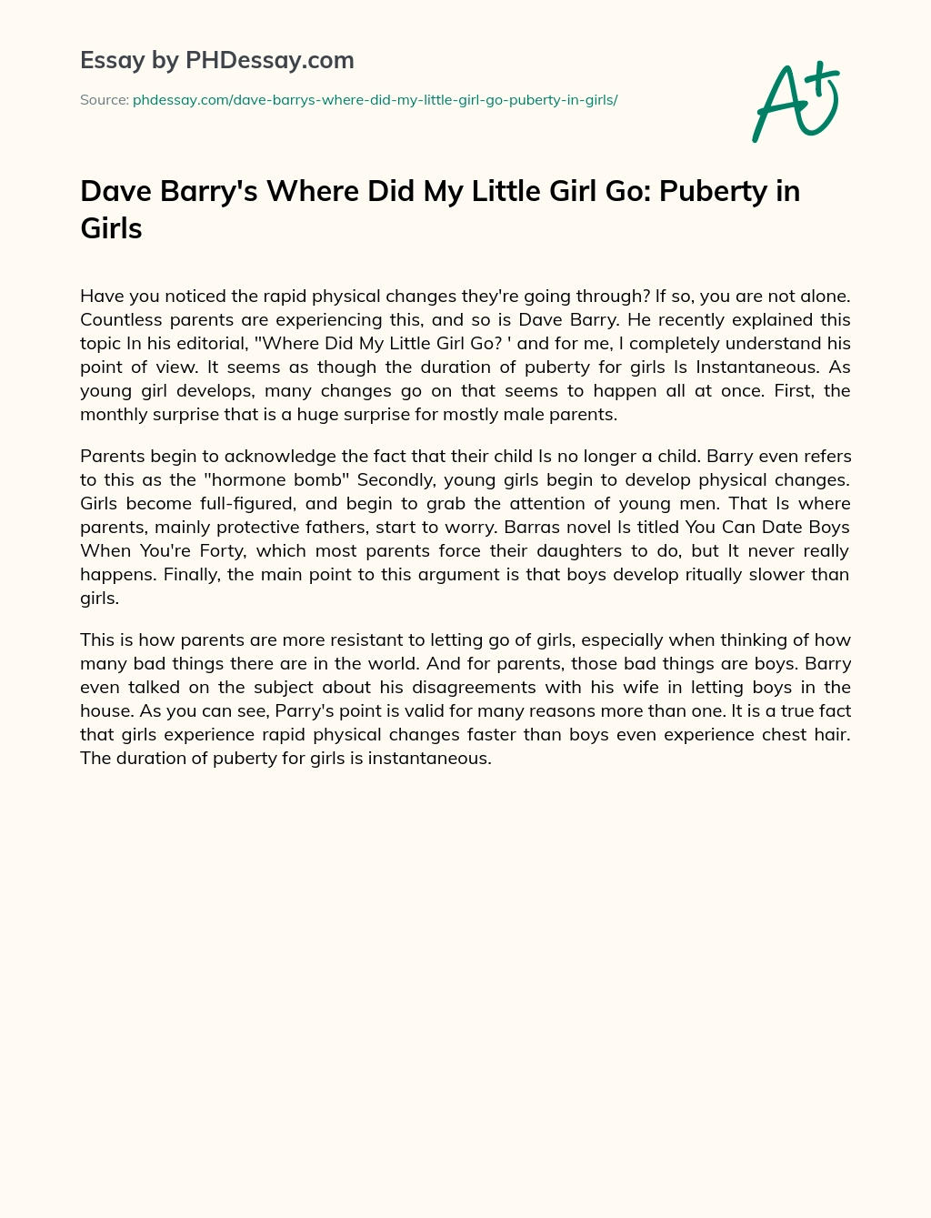 Dave Barry’s Where Did My Little Girl Go: Puberty in Girls essay