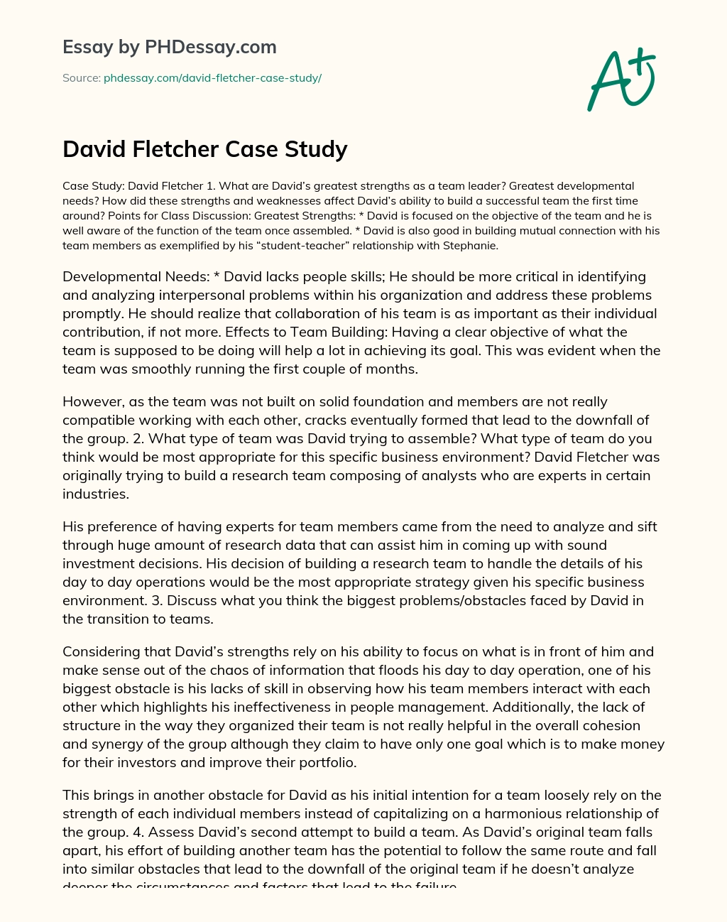 David Fletcher Case Study essay