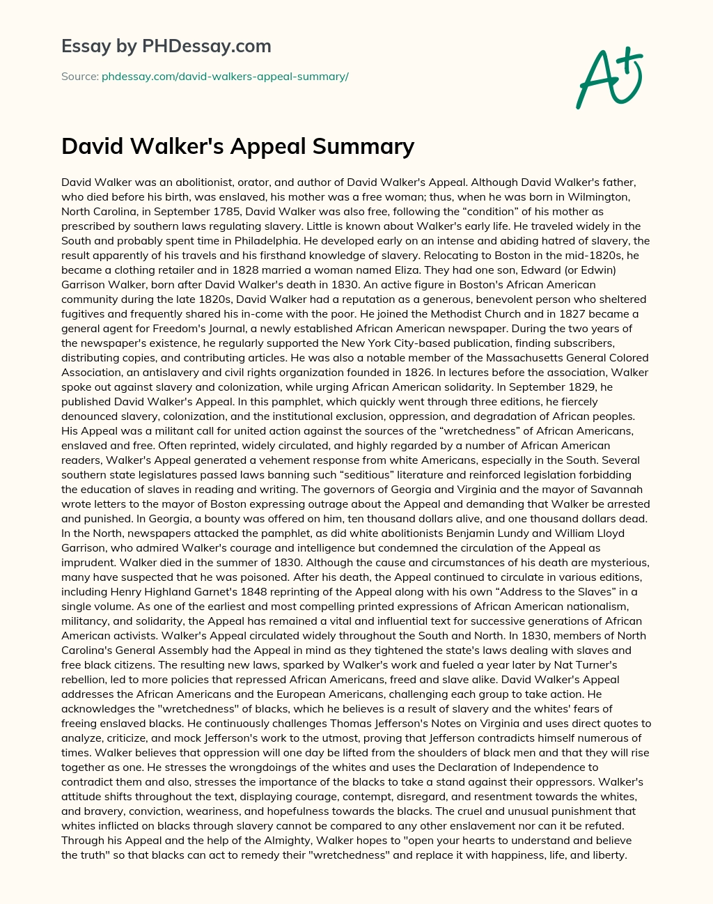 David Walker’s Appeal Summary essay