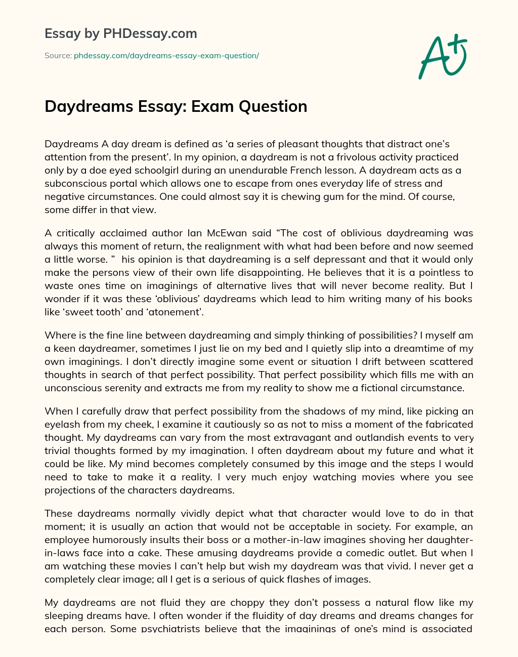 Daydreams Essay: Exam Question essay