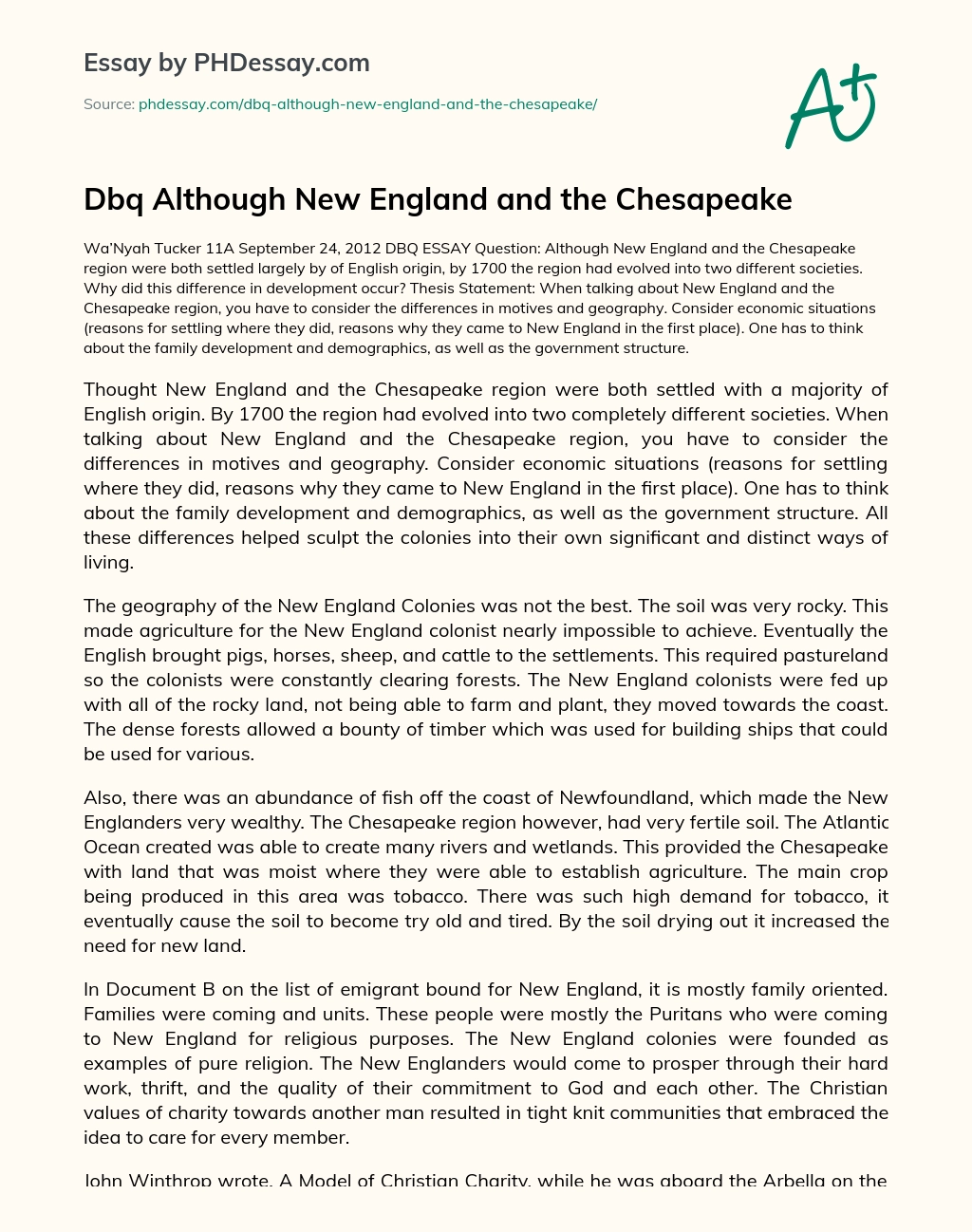 Dbq Although New England and the Chesapeake essay