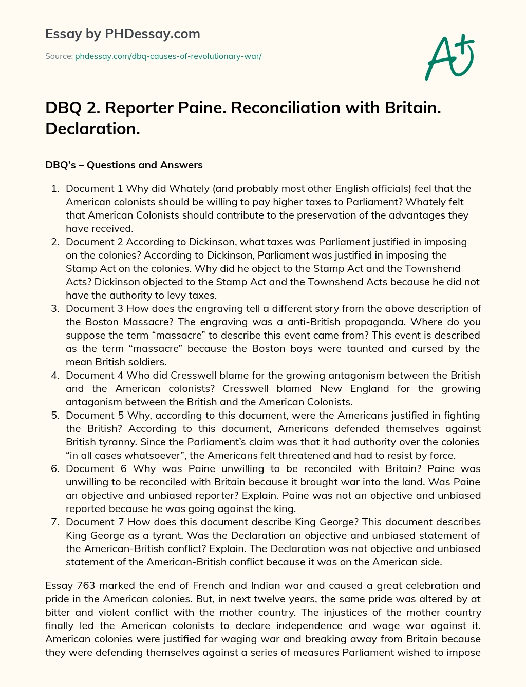 DBQ 2. Reporter Paine. Reconciliation with Britain. Declaration. essay