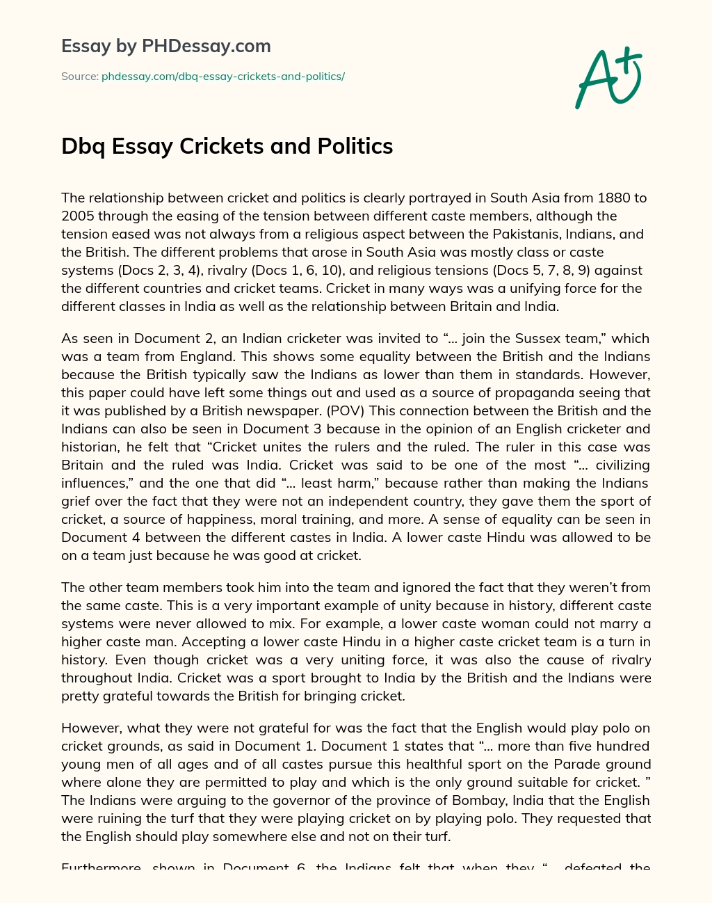 Dbq Essay Crickets and Politics essay