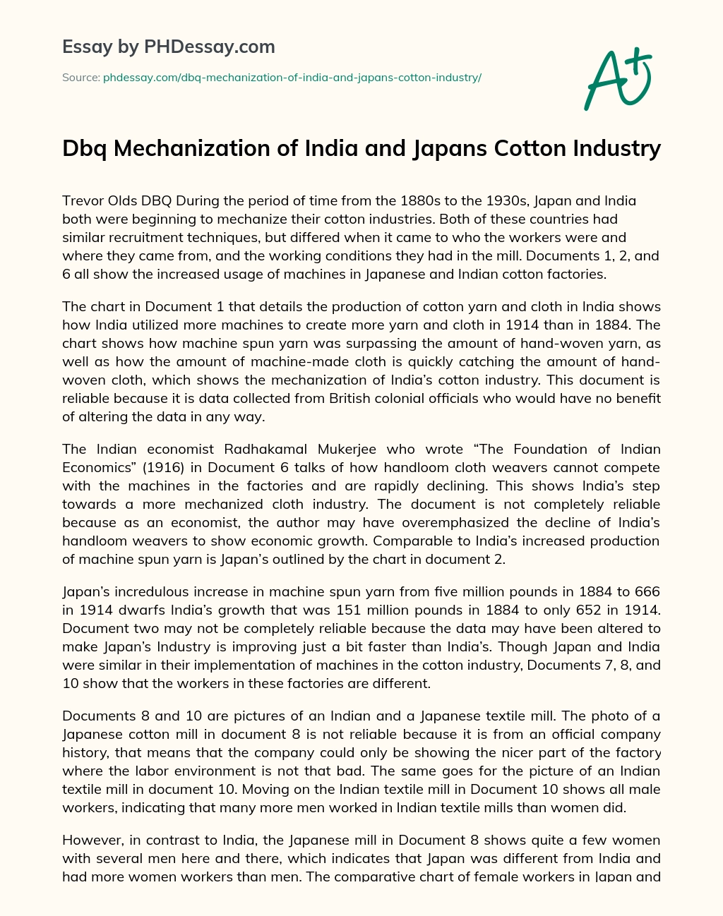 Dbq Mechanization of India and Japans Cotton Industry essay