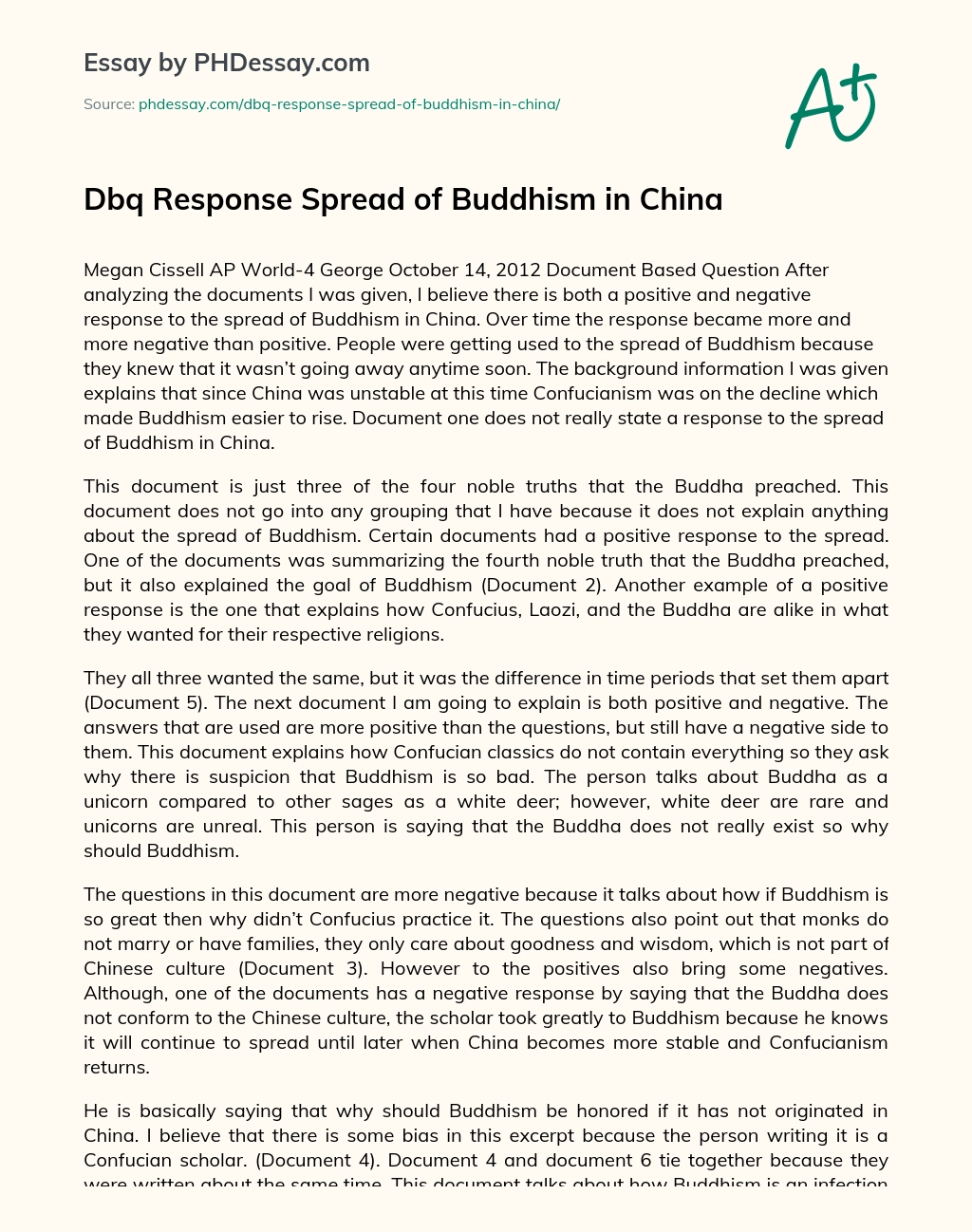 Dbq Response Spread of Buddhism in China essay