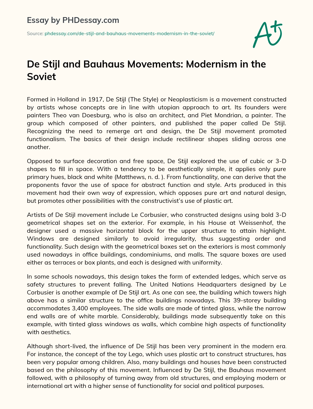De Stijl and Bauhaus Movements: Modernism in the Soviet essay