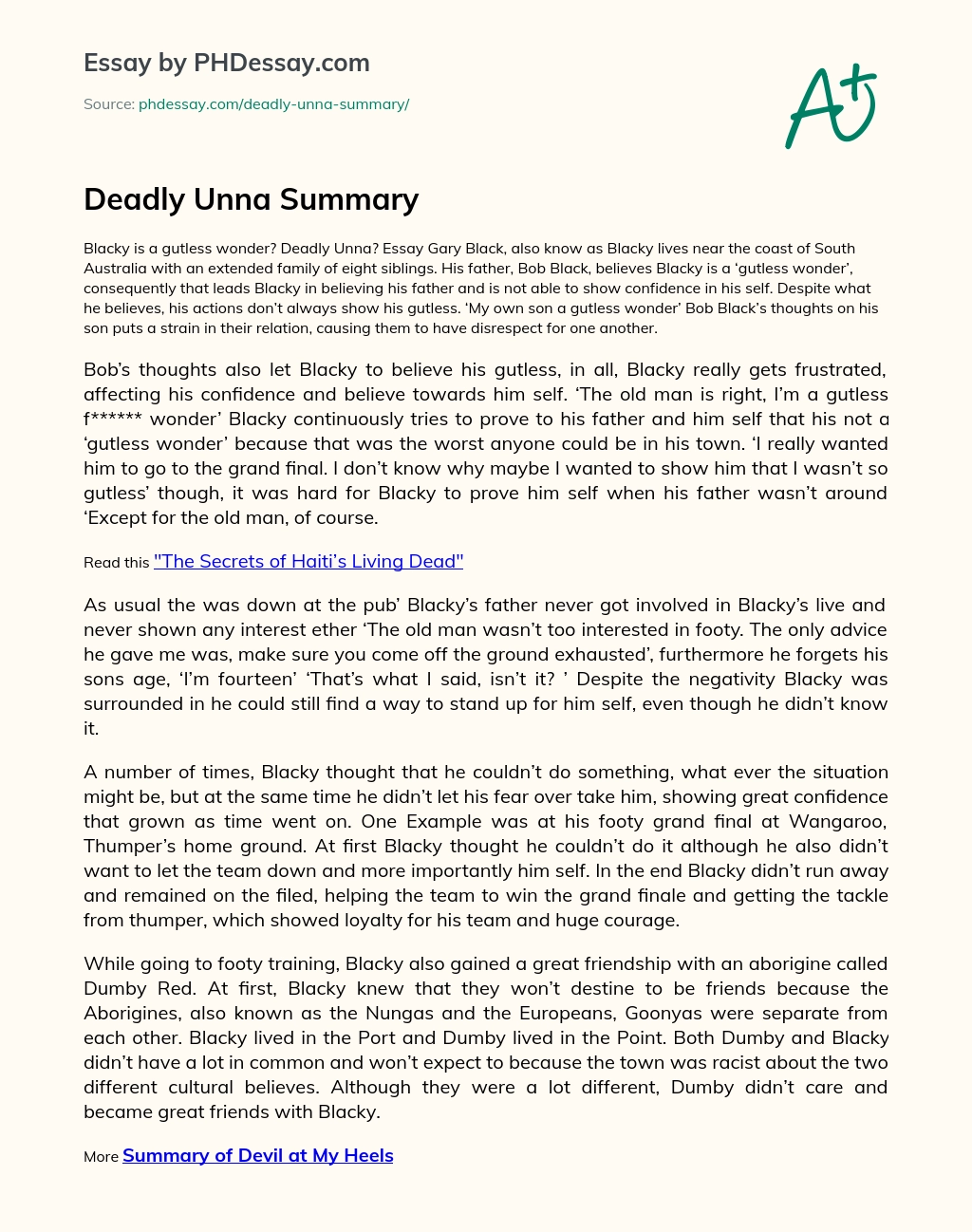 Deadly Unna Summary essay
