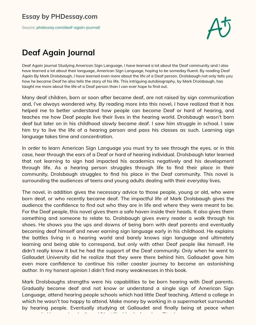 Deaf Again Journal essay