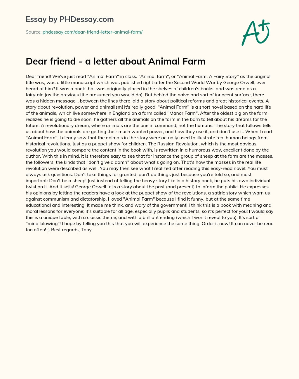 Dear friend – a letter about Animal Farm essay