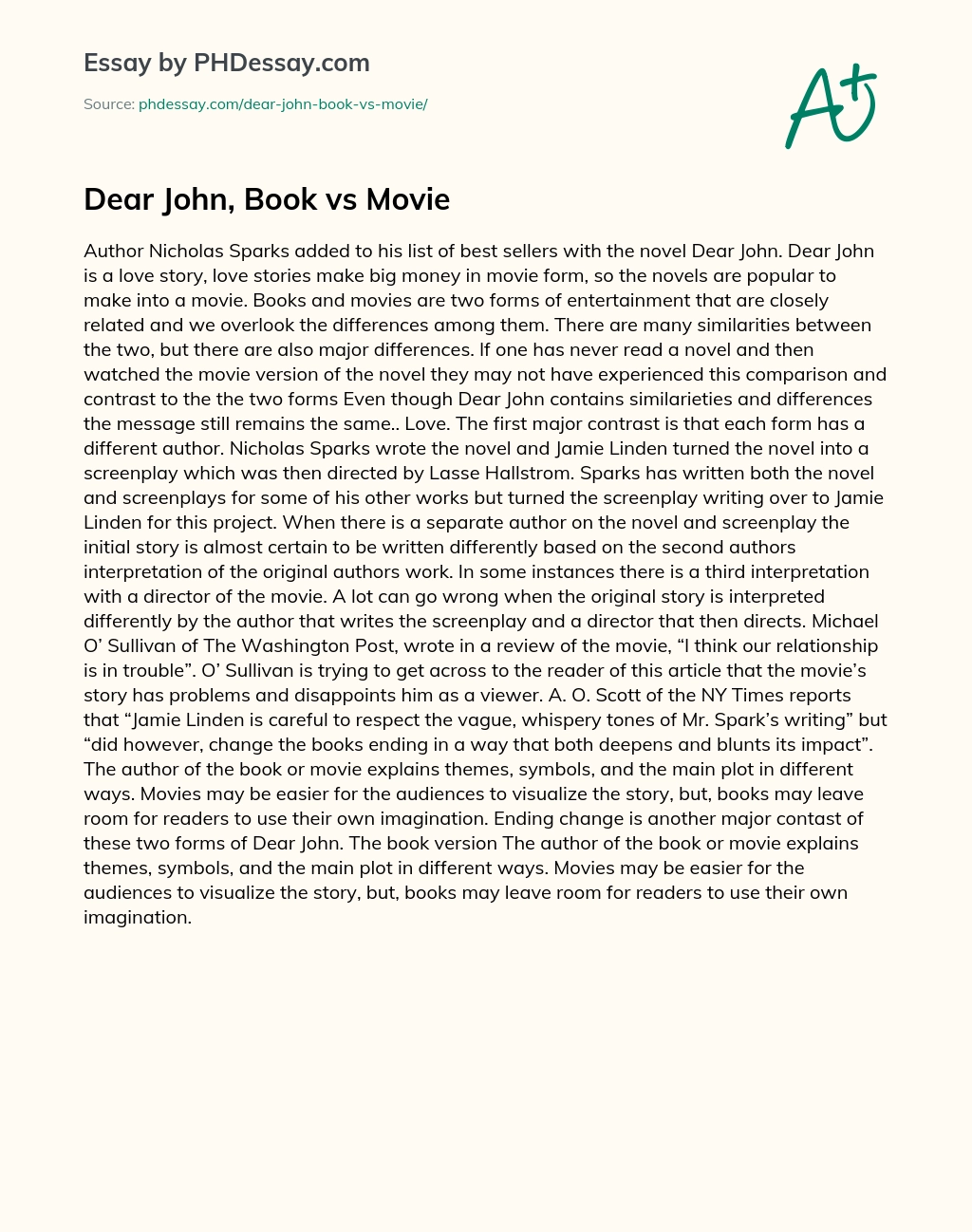 Dear John, Book vs Movie essay