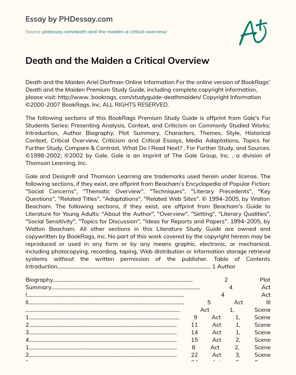 Death and the Maiden: A Critical Overview essay