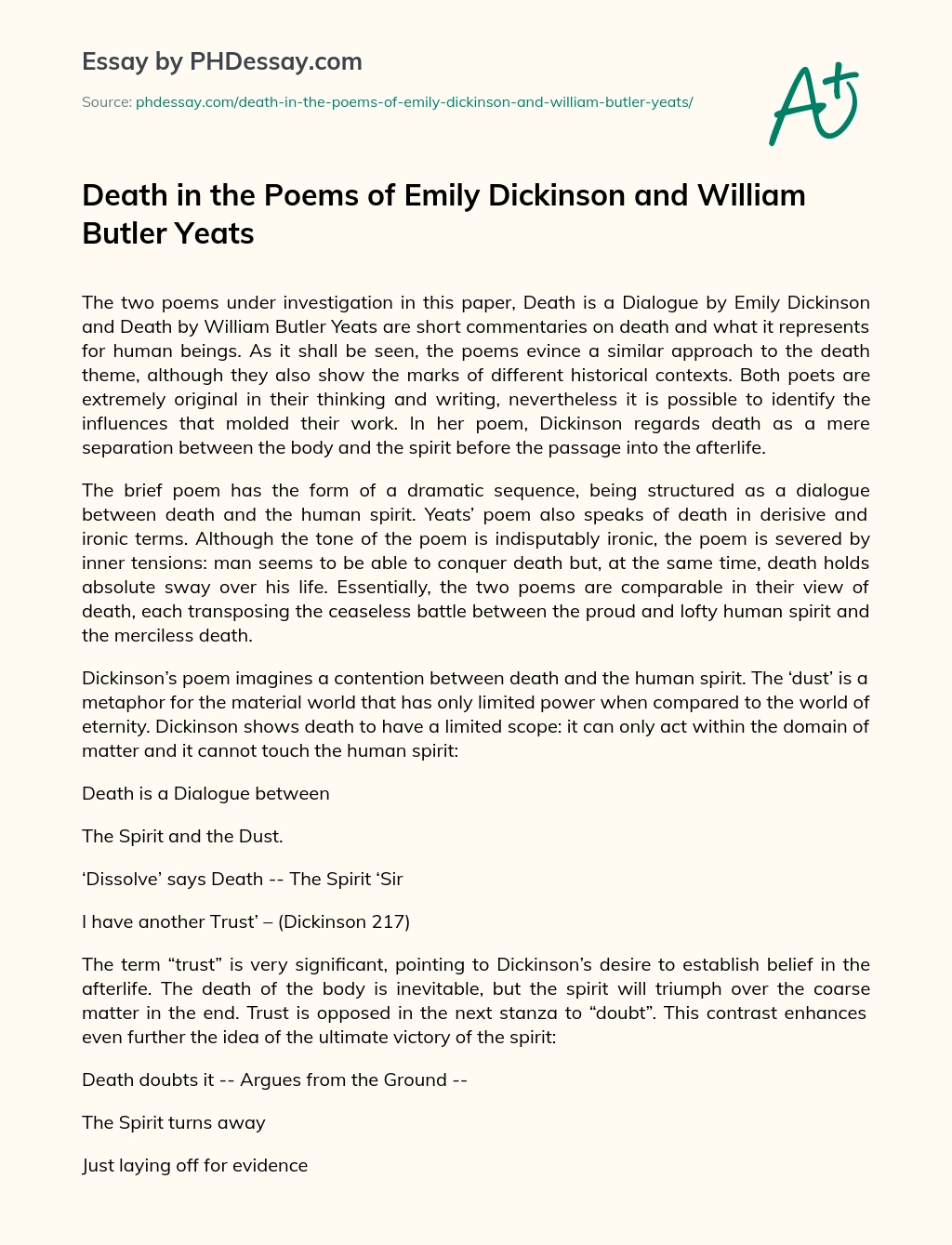 Death in the Poems of Emily Dickinson and William Butler Yeats essay