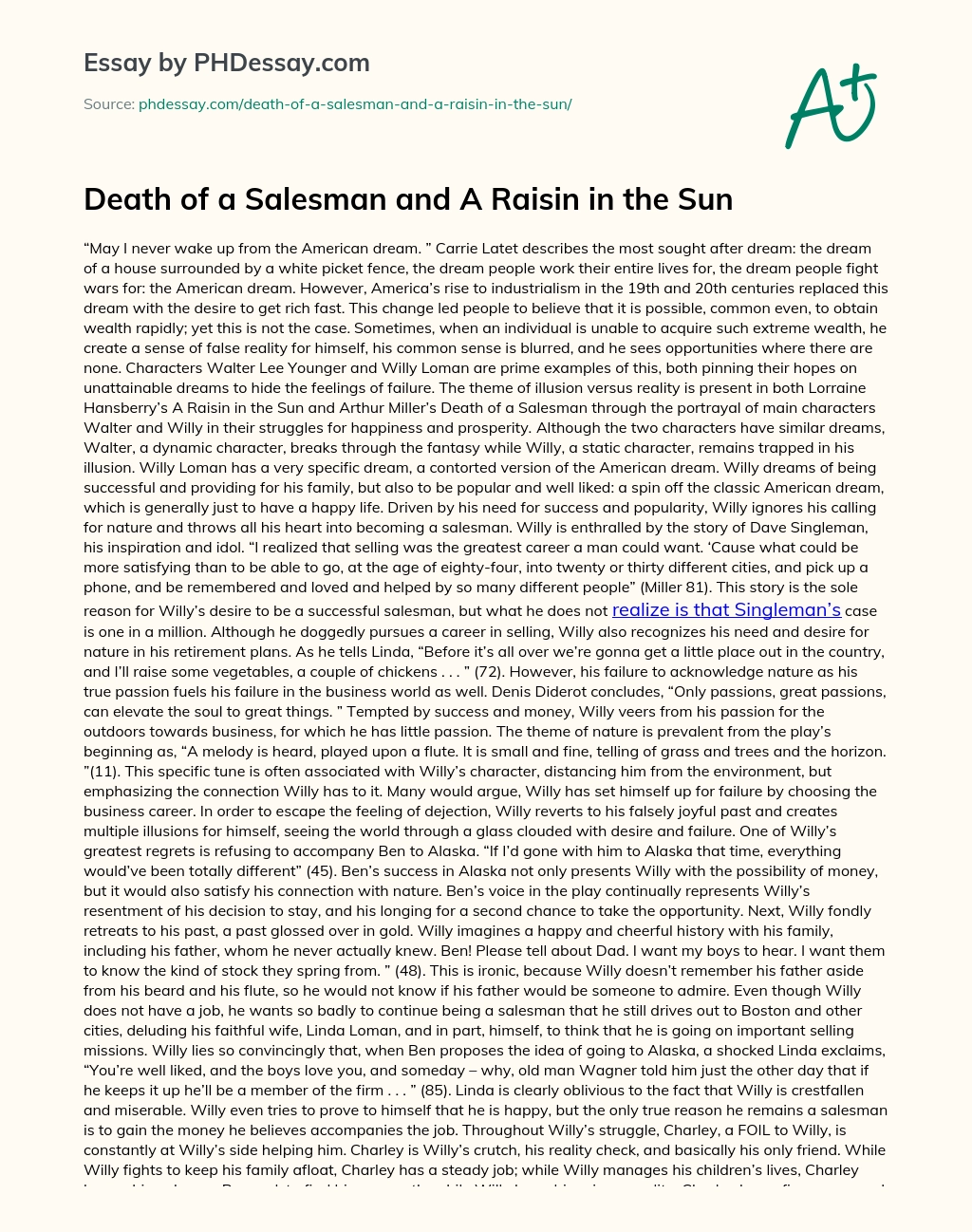 Death of a Salesman and A Raisin in the Sun essay