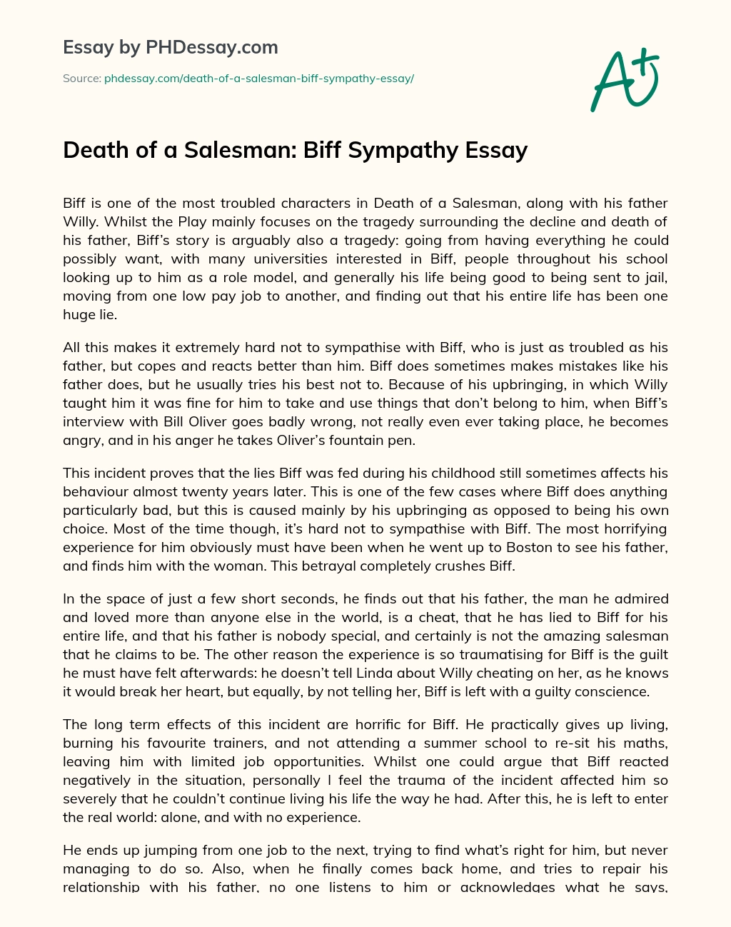 Death of a Salesman: Biff Sympathy Essay essay