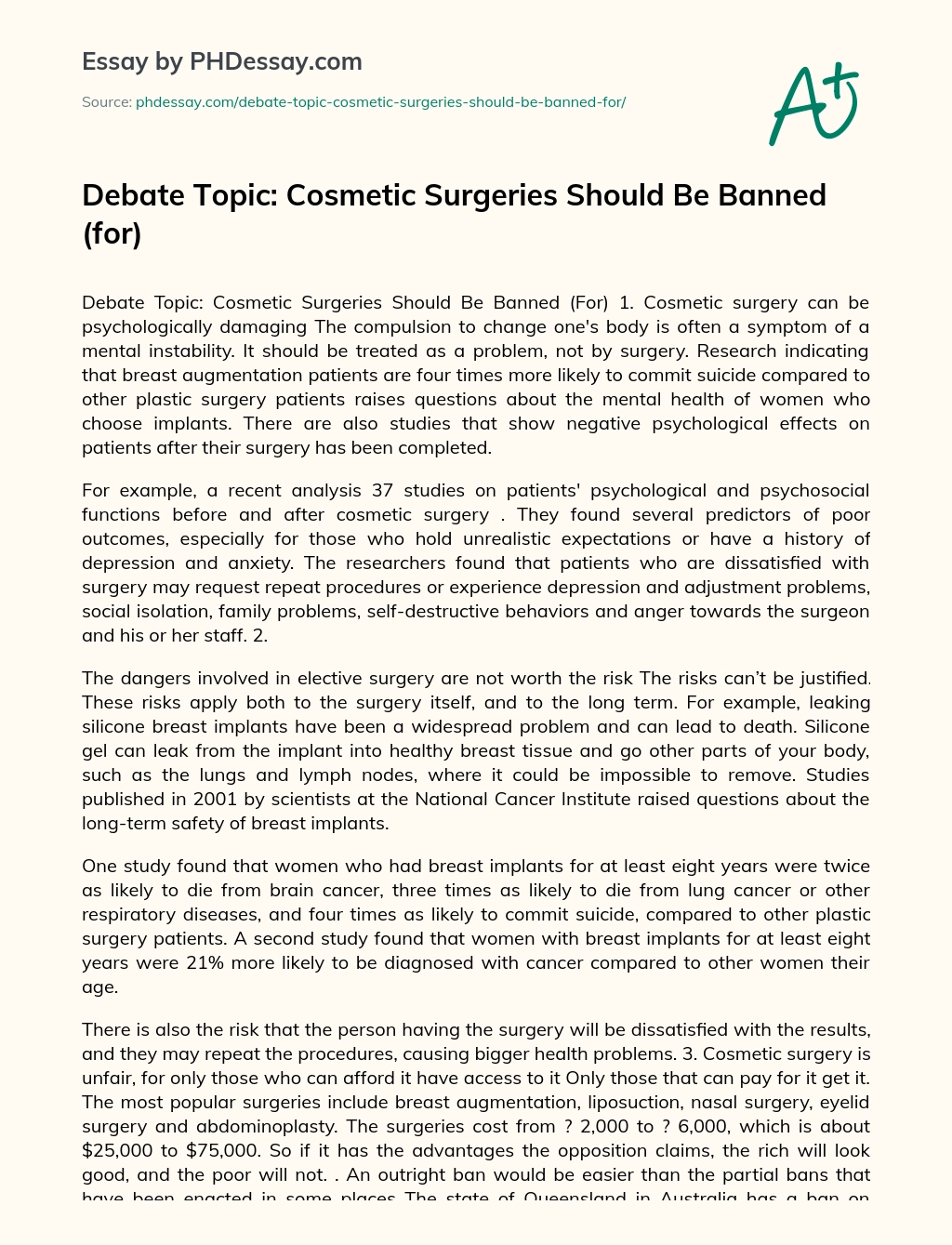 Debate Topic: Cosmetic Surgeries Should Be Banned (for) essay