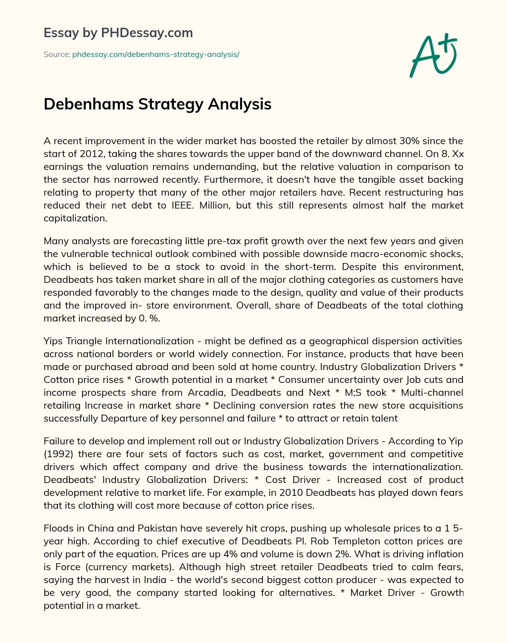 Debenhams Strategy Analysis essay