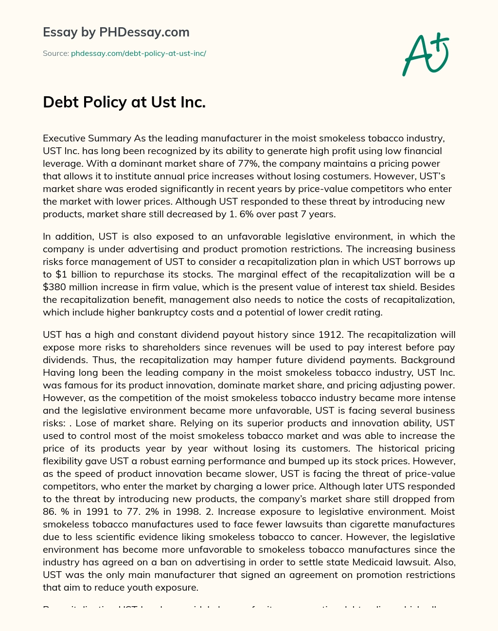 Debt Policy at Ust Inc. essay