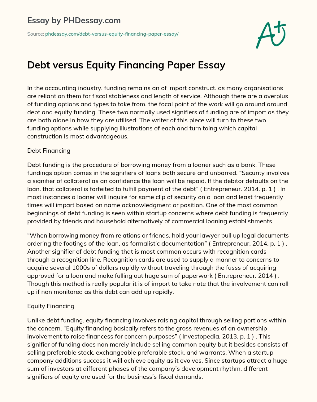 Debt versus Equity Financing Paper Essay essay