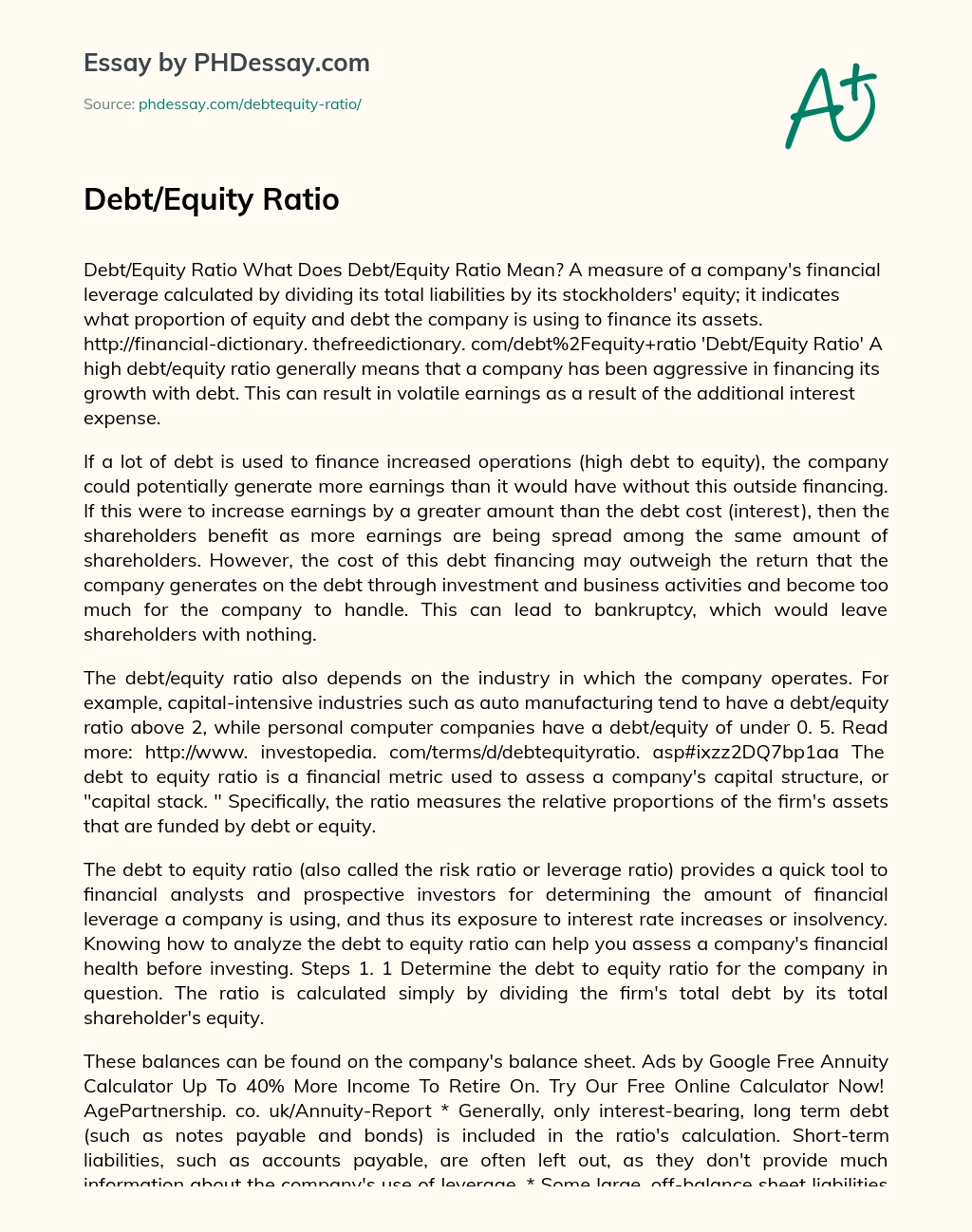 Debt/Equity Ratio Persuasive Essay essay