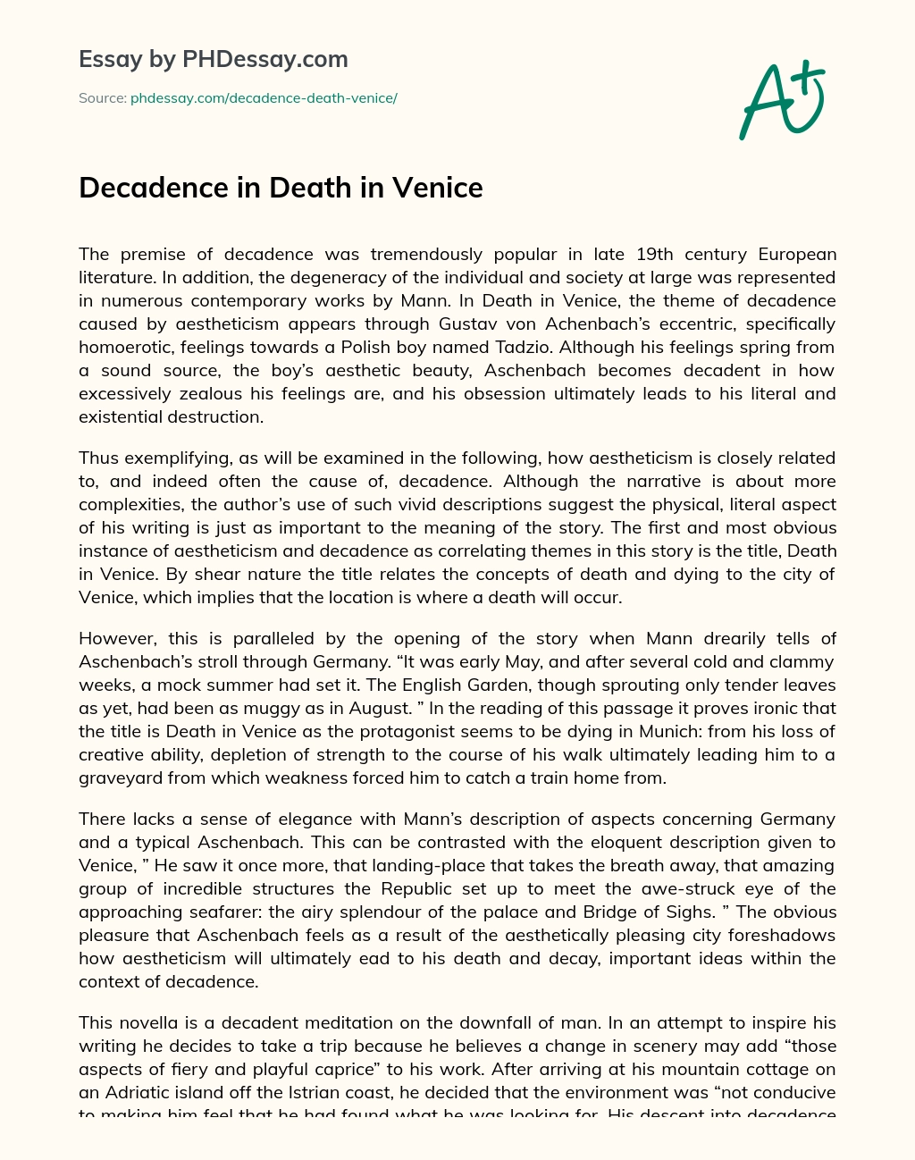 Decadence in Death in Venice essay