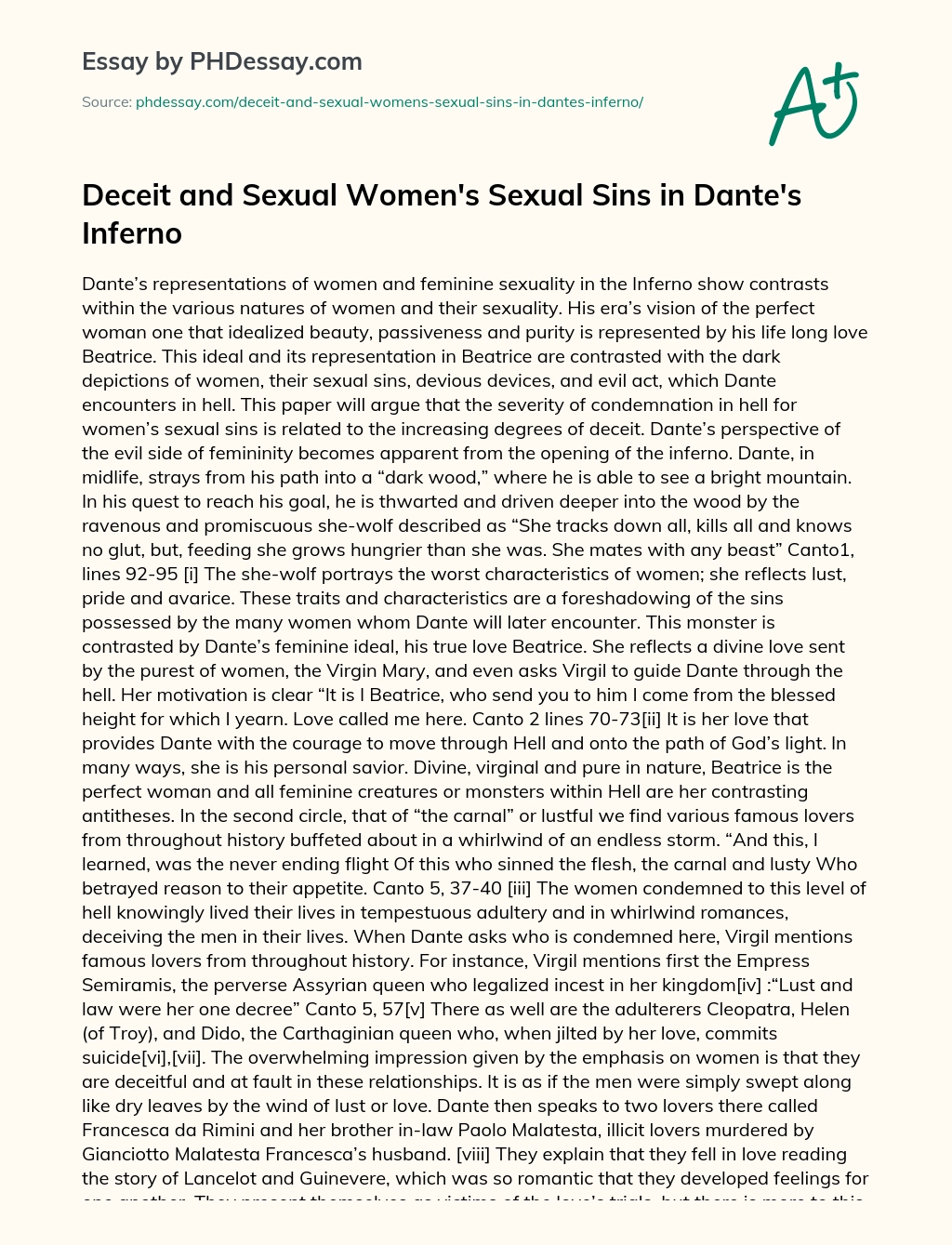 Deceit and Sexual Women’s Sexual Sins in Dante’s Inferno essay