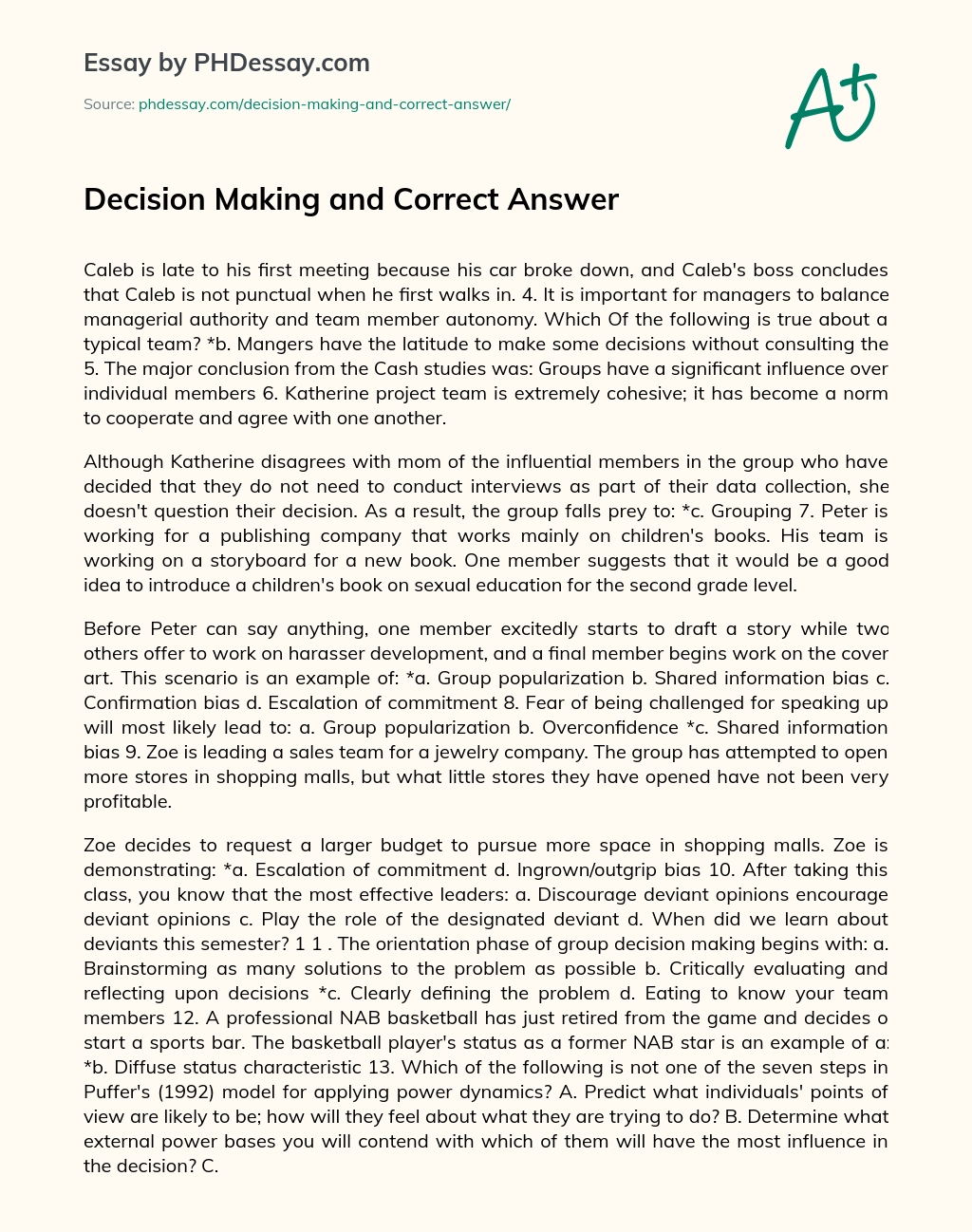 Decision Making and Correct Answer essay