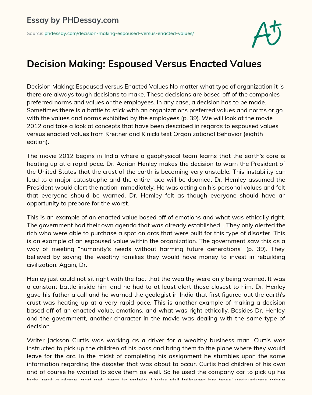 Decision Making: Espoused Versus Enacted Values essay