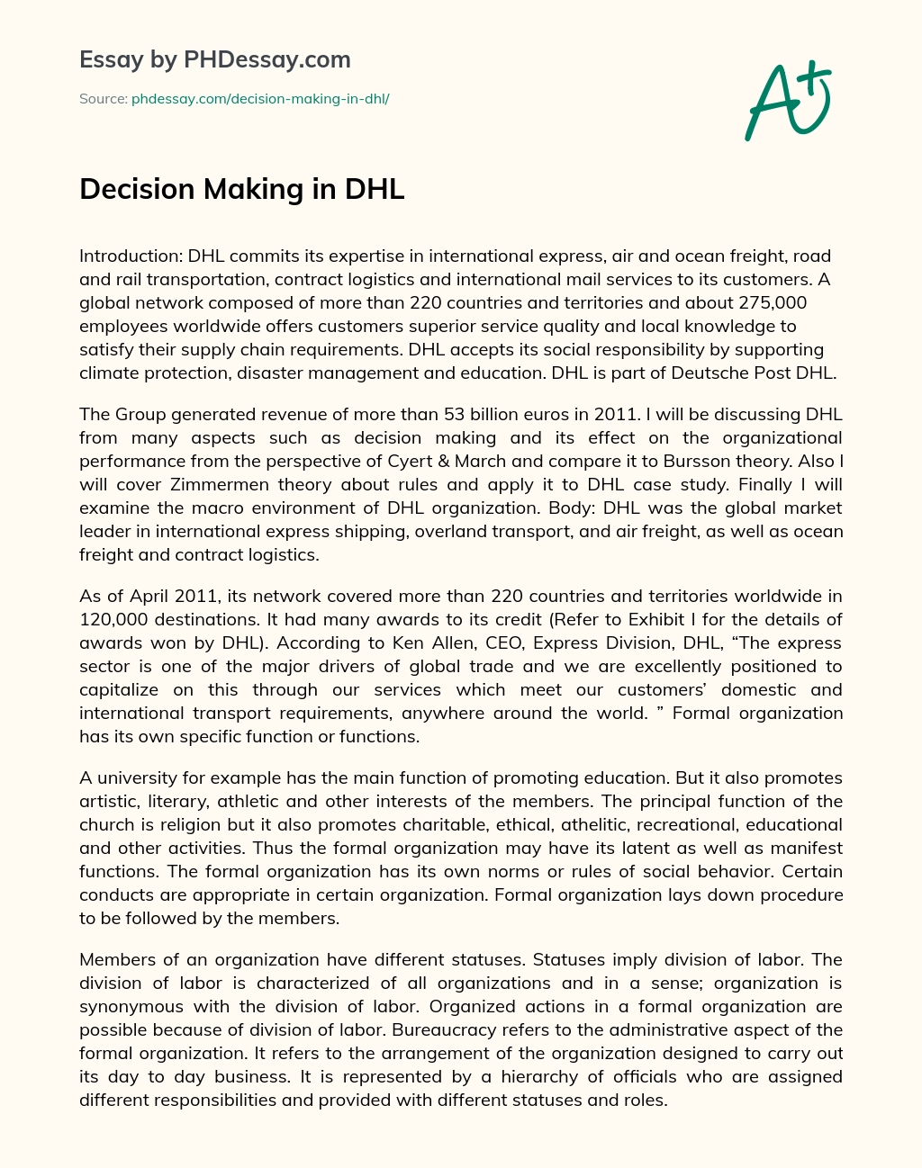 Decision Making in DHL essay