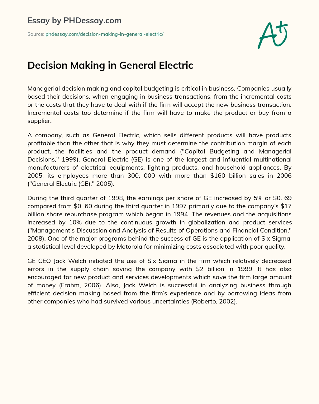 Decision Making in General Electric essay