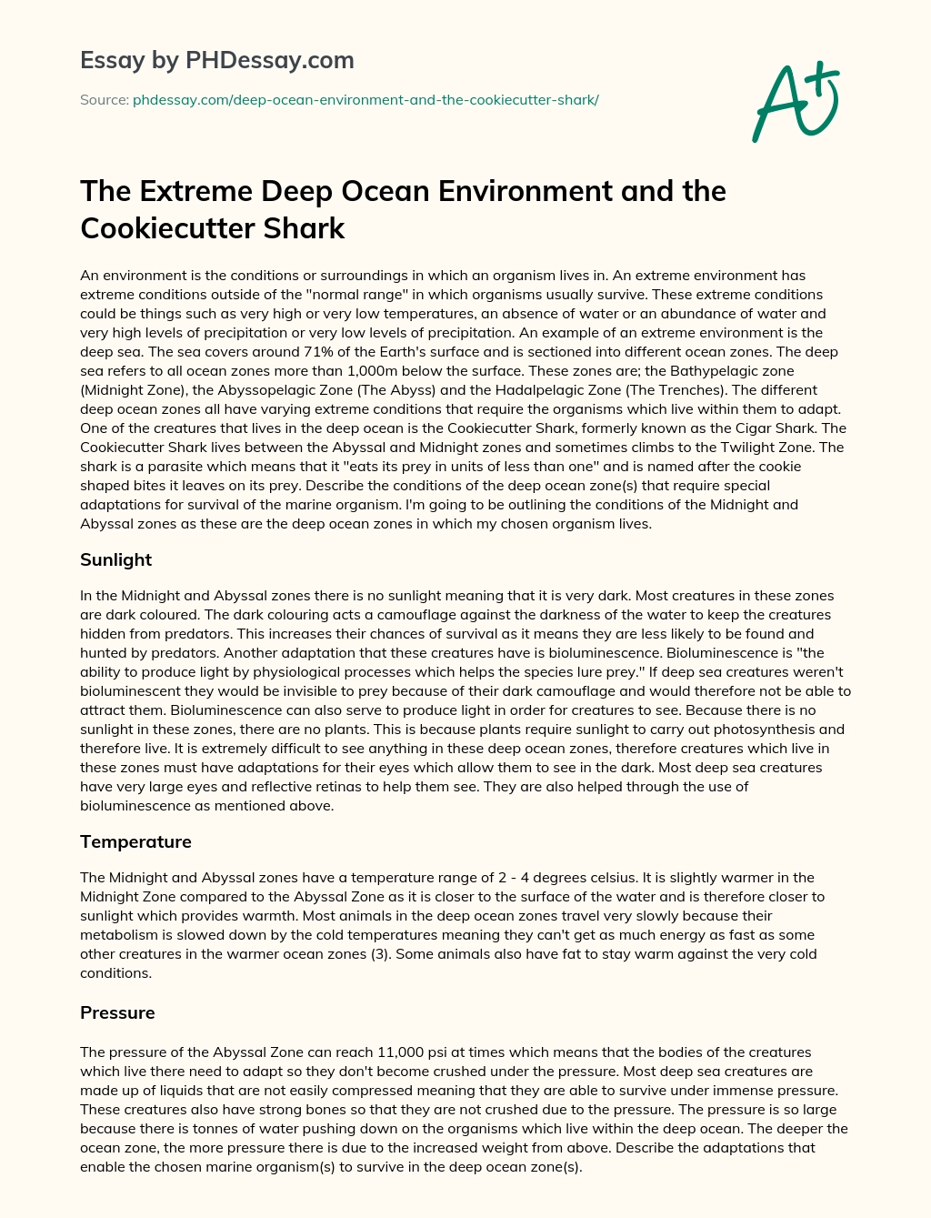 The Extreme Deep Ocean Environment and the Cookiecutter Shark essay