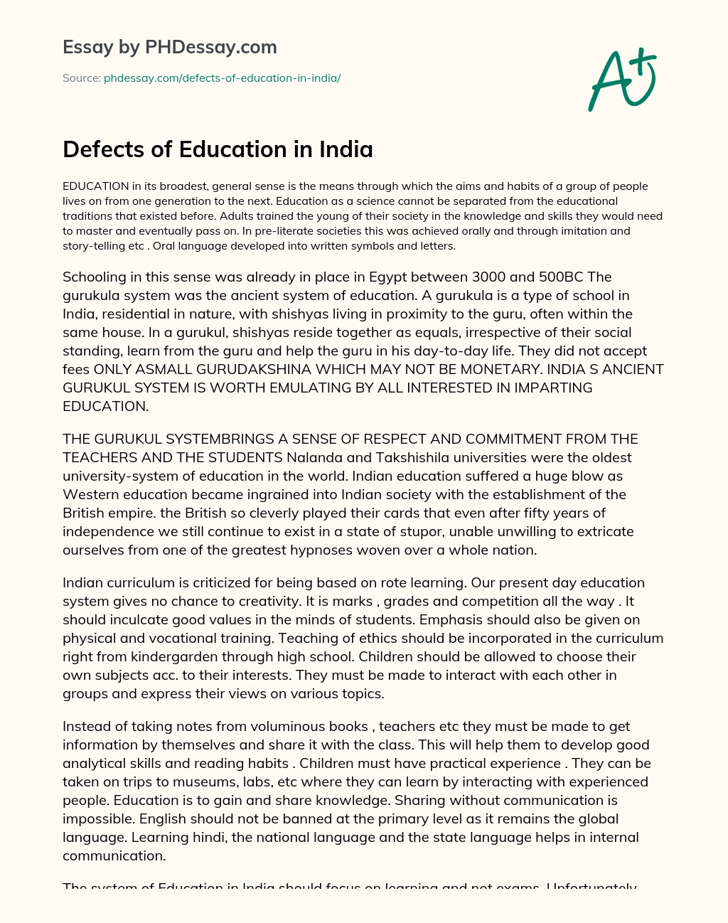 Defects of Education in India essay