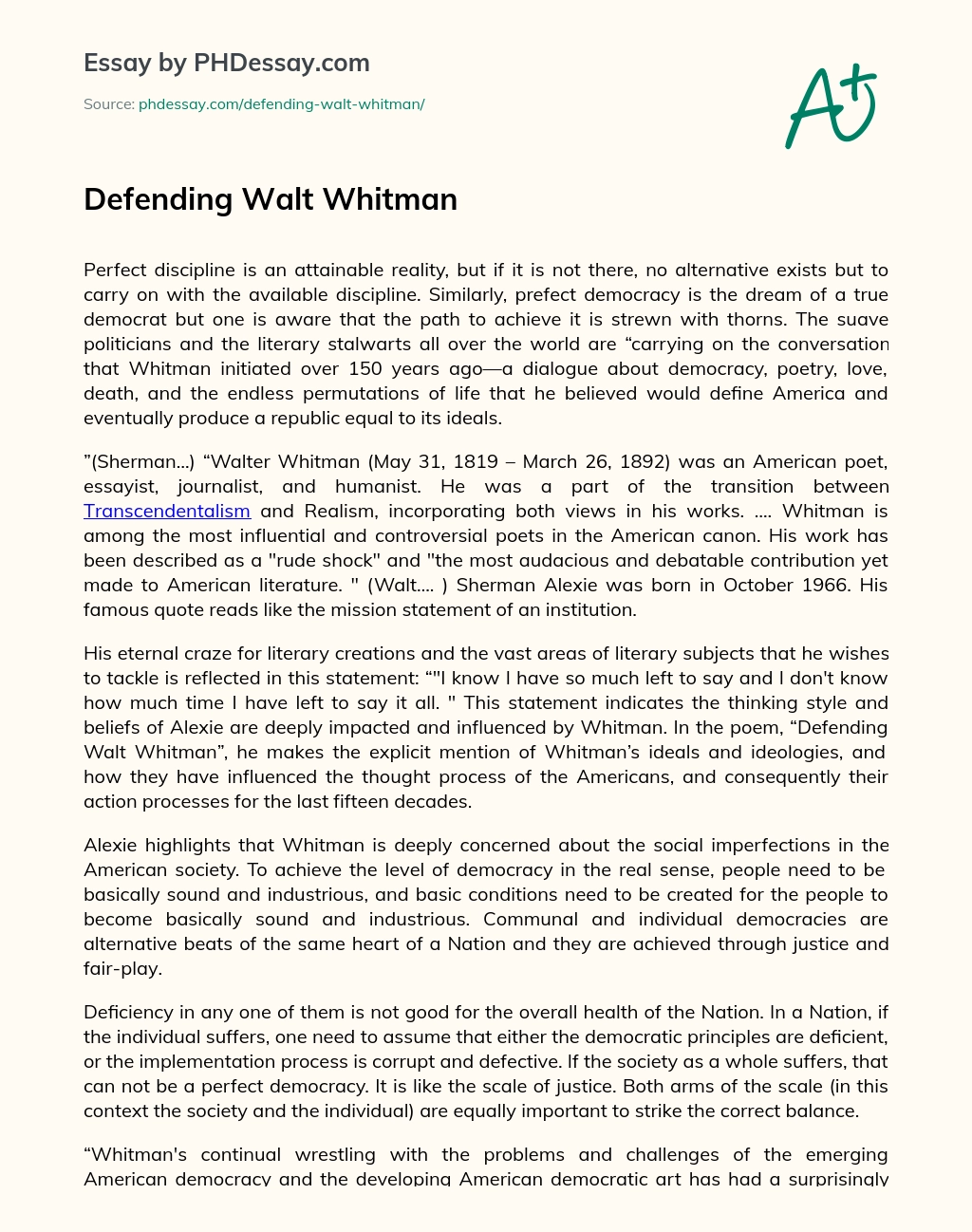 Defending Walt Whitman essay